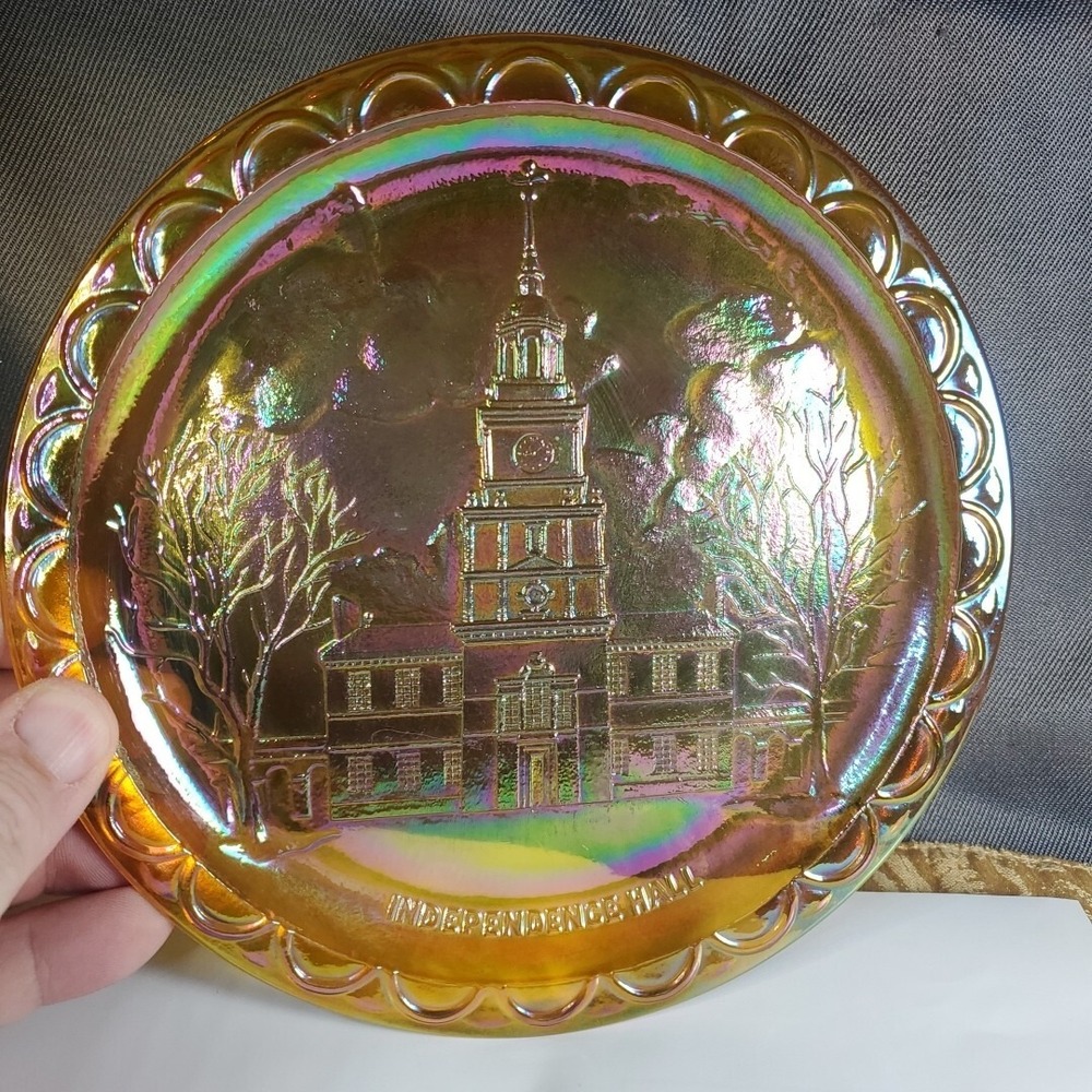 Vtg Marigold Indiana Carnival Glass Independence Hall Plate 8in Iridescent USA